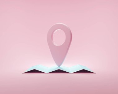 Pembe arka plan minimalisti üzerinde Navigator araba tabelasının 3D çizimi. Pin işareti, GPS yön bulma simgesi. Yaratıcı fikirler asgari tasarım kavramı.