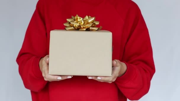 Mano delle donne che tengono una scatola regalo con un fiocco. Consegna Express, Vendita di Natale. Shopping online. Regali di Capodanno. Regalo di Natale — Video Stock