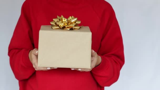 Kvinnors hand håller en presentask med en båge. Leverans Express, julförsäljning. Handla på nätet. Nyårspresenter. Julklapp — Stockvideo