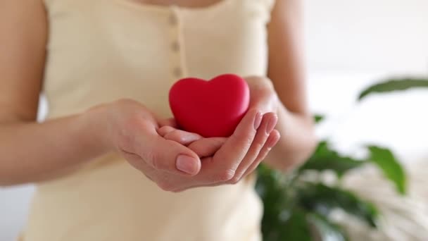Vrouwenhand houdt het hart vast. Valentijnsdag. Gezond hart, liefde en liefdadigheid, vrijwilligerswerk, moederdag, liefde — Stockvideo