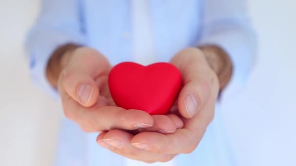 Die Männerhand hält das Herz. Valentinstag. Gesundes Herz, Liebe und Nächstenliebe, freiwillige soziale Arbeit, Muttertag, Liebe, Liebhaber, Pflege — Stockvideo