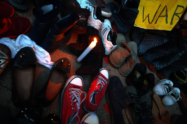 Sofia Bulgaria April 2022 War Sign Candle Seen Shoes Left — Stock Photo, Image
