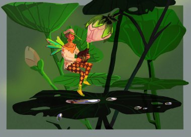 The character of a fairy-tale elf in bright clothes and with wings on his back, with the help of a long pointed nose on his hat, collects nectar from water lilies, magic light illuminates the flowers clipart