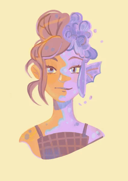 Portrait of a girl in pastel colors, divided in half. One half is lilac with fish elements instead of human ones: scales and fins, the other half is a face with hair styled in a high hairstyle