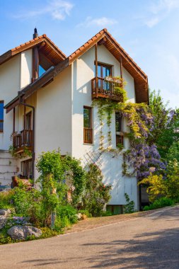 Küçük bir İsviçre kasabasının geleneksel evinin cephesi ahşap bir çatı ve balkonlarla süslenmiş, taş duvarlar çiçeklerle kaplı.