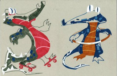 Timsah karakterler boş zamanlarında spor yapıyor. Timsahlardan biri patenle kayıyor, diğeri çemberin etrafında dönüyor. Resim keçeli kalemlerle yapılmış.