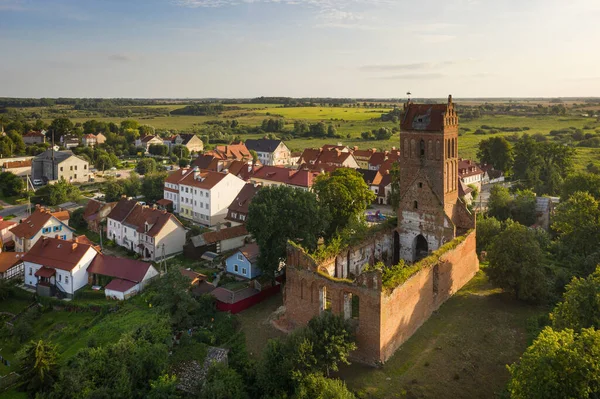 Aerial Restored Facades Zheleznodorozhny Town Background Abandoned Old Prussian Church — Stock Photo, Image