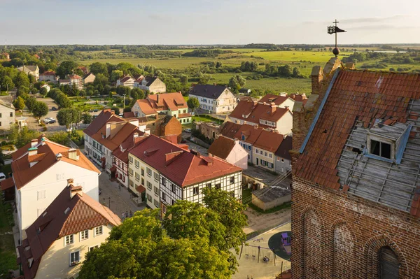 Antenn Restaurerade Fasaderna Zheleznodorozhny Stad Bakgrunden Övergiven Gammal Preussisk Kyrka — Stockfoto