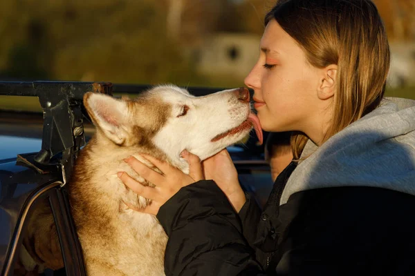 Junges Mädchen Küsst Husky Hund Der Aus Dem Autofenster Schaut — Stockfoto