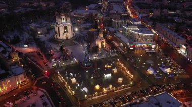 Kaliningrad, Russia - January 10 2022: Christmas lights on the main square of the city in sunset