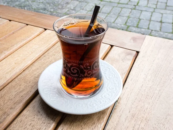 Hot Turkish Tea Traditional Glass Spoon Wooden Table Street Relaxation — Stock Photo, Image