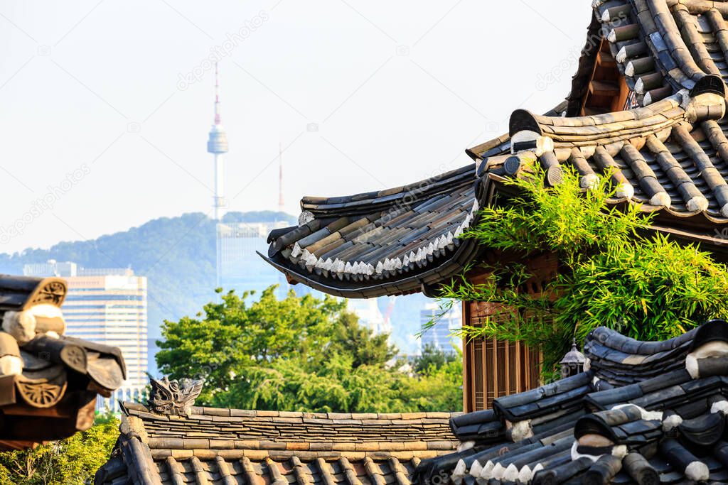 View of Namsan tower from Bukchon Hanok Village, Seoul, South Korea