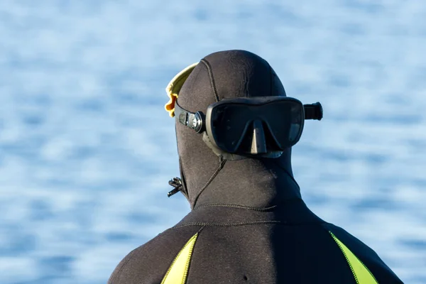 Republic Karelia ロシア 2015年8月19日 ダイバーの背中 海を背景にダイビングするためのスーツを着て — ストック写真