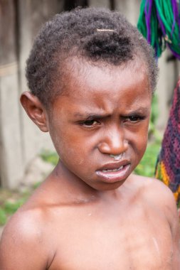 Wamena, Endonezya - 9 Ocak 2010: Dani kabile çocuğu Portret. Küçük çocuk kameraya bakıyor. Endonezya 'daki Baliem Vadisi, Papua Yeni Gine.