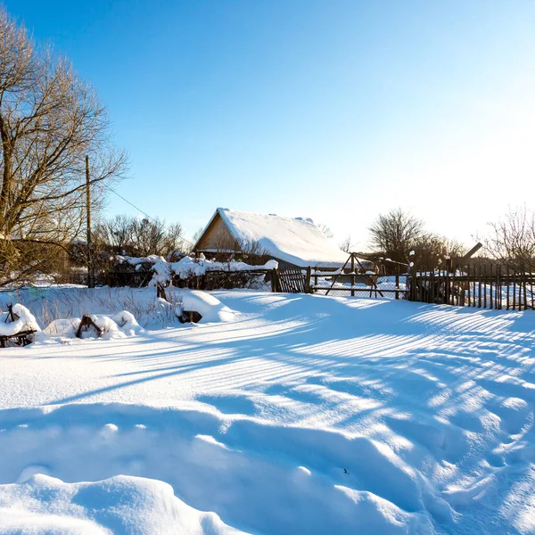 Manhã Cedo Inverno Vila Russa Tradicional Inverno Geada Nevada — Fotografia de Stock