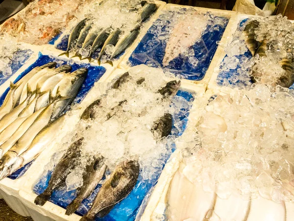 Pesce Fresco Crudo Sul Bancone Del Mercato Gwangjang Seoul Corea — Foto Stock