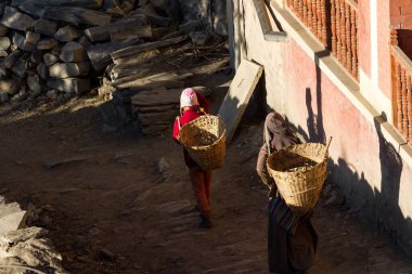 Jharkot, Nepal - 18 Kasım 2015: Nepalli kadınlar Nepal 'deki köyde cadde boyunca kargo için sırt sepetlerini taşıyorlar