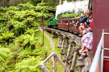 Melbourne, Avustralya - 7 Ocak 2009: Puffing Billy buhar treni ahşap köprüde yolcularla birlikte. Dandenong Dağları Melbourne yakınlarında.