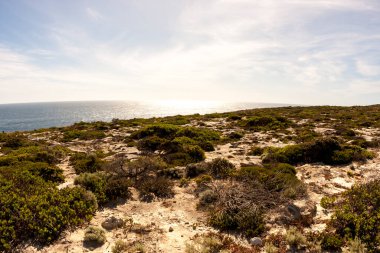 Denizde gün batımı. Güney Avustralya, Kanguru Adası 'nın güzel kıyı şeridi. Balık gözü resmi.