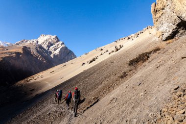 Annapurna, Nepal - November 12, 2015: Tourists hiking to Tilicho lake (Tilicho Tal 4920 m) in the Annapurna range of the Himalayas, Manang district of Nepal.