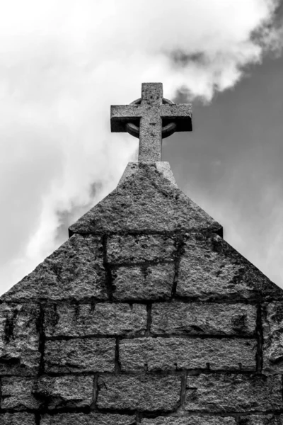 Fragment Stone Roof Cross Ancient Catholic Church Australia Close Black — Stock Photo, Image