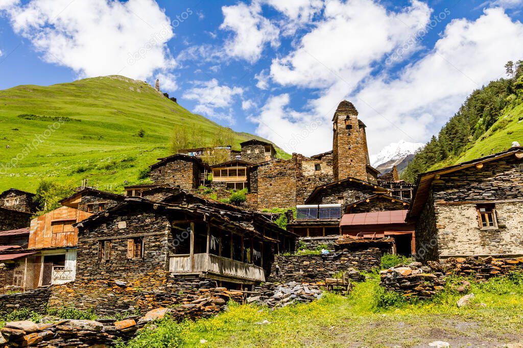 Old mountain village Dartlo, Tusheti region, Georgia. Houses built from shale stones, ancient masonry. Caucasus mountains