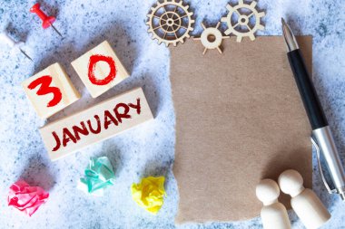 30 Ocak. Ayın 30 'unda, Küp takvimi, açık mavi arkaplanda boş çerçeve. Mesajın için yer aç. Kış ayı, yılın günü konsepti..