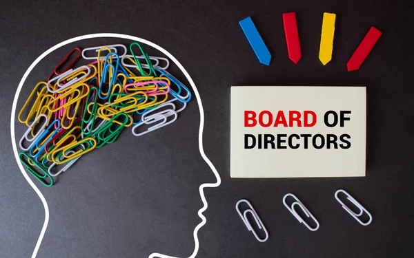 The words BOARD OF DIRECTORS is written in a white notepad near a white cup of coffee on a light background