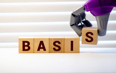 BASIS kelimesi ofis masasında dizüstü bilgisayarın önünde duran tahta küplere yazılmıştır. İş konsepti.