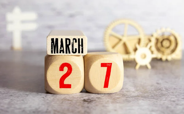 Marzo Imagen Marzo Calendario Color Madera Sobre Fondo Blanco Primavera — Foto de Stock