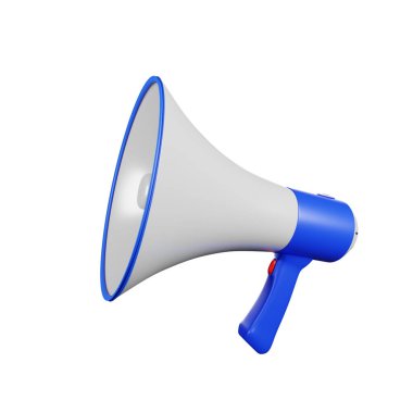 Beyaz ve mavi hoparlör ya da megafon. Bir duyuru ikonu, beyaz arkaplanda 3 boyutlu resim..