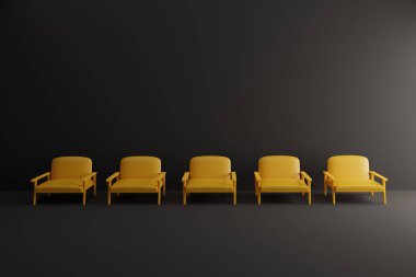 Beş tane parlak sarı koltuk, içi boş, siyah bir odada. basitlik 3B canlandırma simülasyonu kavramı