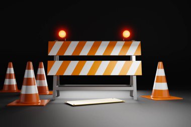 Üç boyutlu illüstrasyon. Uyarı tabelası yapım aşamasında. Siyah arka planda yol onarımı. Ya da gece, karanlık.