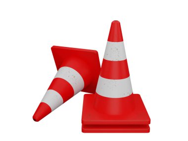 Yol onarımı sırasında trafik konileri ve engellerinin 3 boyutlu çizimi Beyaz arkaplan kırpma yolu üzerine inşaat çalışması