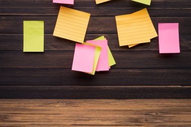 Tahtadaki sarı, yeşil, pembe hatırlatma notları, metin için boş alan.