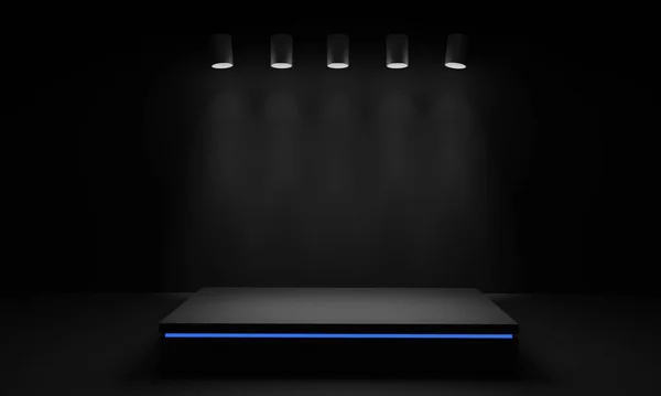 Siyah arka planda siyah bir podyum. Ödül töreni için boş podyum. Spot ışıklarıyla aydınlatılmış. 3B illüstrasyon.