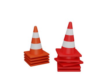 Yol onarımı sırasında trafik konileri ve engellerinin 3 boyutlu çizimi Beyaz arkaplan kırpma yolu üzerine inşaat çalışması