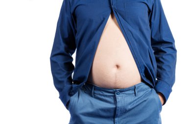 Beyaz arka plan sağlık konsepti olan şişman bir adam ya da adam.