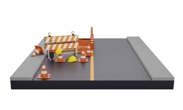 Ilustración Carretera Reparación Con Señales Advertencia Conos Tráfico — Foto de Stock
