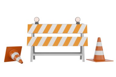 Yol onarımı sırasında trafik konileri ve engellerinin 3 boyutlu çizimi Beyaz arkaplan kırpma yolu üzerine inşaat çalışması