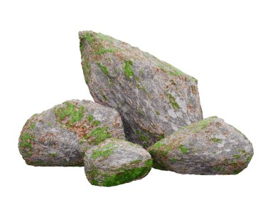 Üç boyutlu illüstrasyon. Kayaların ve yosunların rendelenmesi. Beyaz arkaplan kırpma yolunda izole edildi