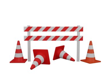 Yol onarımı sırasında trafik konileri ve engellerinin 3 boyutlu çizimi Beyaz arkaplan kırpma yolu üzerine inşaat çalışması