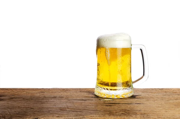 Vaso Cerveza Con Espuma Cerveza Blanca Sobre Fondo Mesa Madera — Foto de Stock