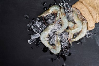 Büyük taze karides buzun üzerinde denizden gelen çiğ karides koyu siyah bir masanın üzerine serilmişti..