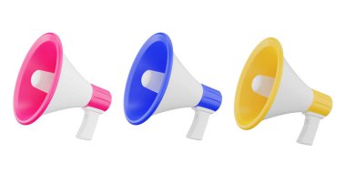 Set-MegaFon 3D illüstrasyon seti, megafon simgesi, mikrofon iletişim ya da alarm anonsları, pembe, mavi, sarı, kesme yolu ile.