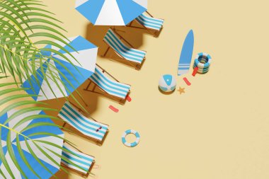 Yaz turu ya da plaj tatili konsepti. Stüdyo sarı arkaplan 3D görüntüleme.