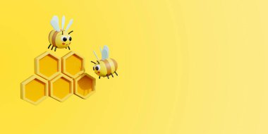 cute bee collecting honey in the hive cartoon style isolated on yellow background rendering 3D illustrations