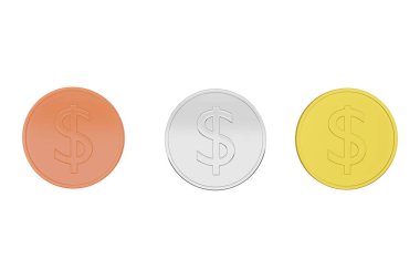 3 boyutlu görüntüleme. Beyaz arka planda farklı şekillerde altın, gümüş ve bronz madalyalar. Altın ve zenginliğin sembolü - kesme yolu