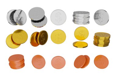 3 boyutlu görüntüleme. Beyaz arka planda farklı şekillerde altın, gümüş ve bronz madalyalar. Altın ve zenginliğin sembolü - kesme yolu