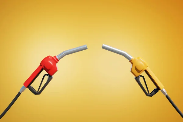 3d illustration of the fuel injector, gasoline, diesel, and gas injectors on yellow background. petroleum industry red and yellow pump head